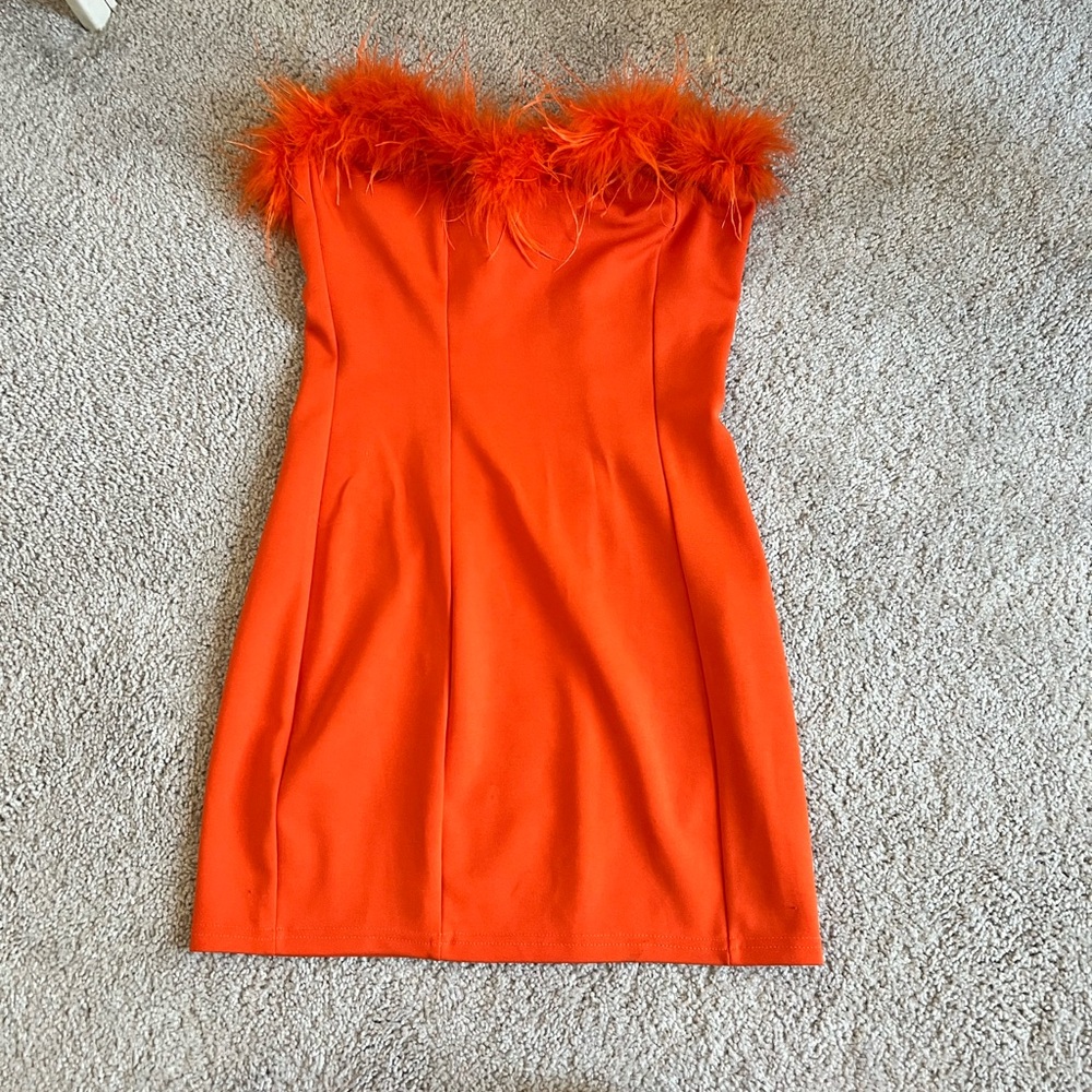 Orange Feather Trim Mini Dress